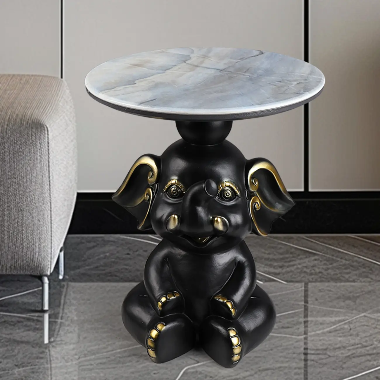 Black Elephant Side Table with Stone Top for Living Room Image - 6 | homeyfad