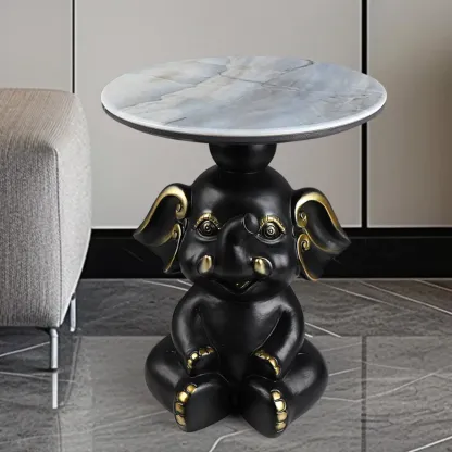 Black Elephant Side Table with Stone Top for Living Room Image - 6