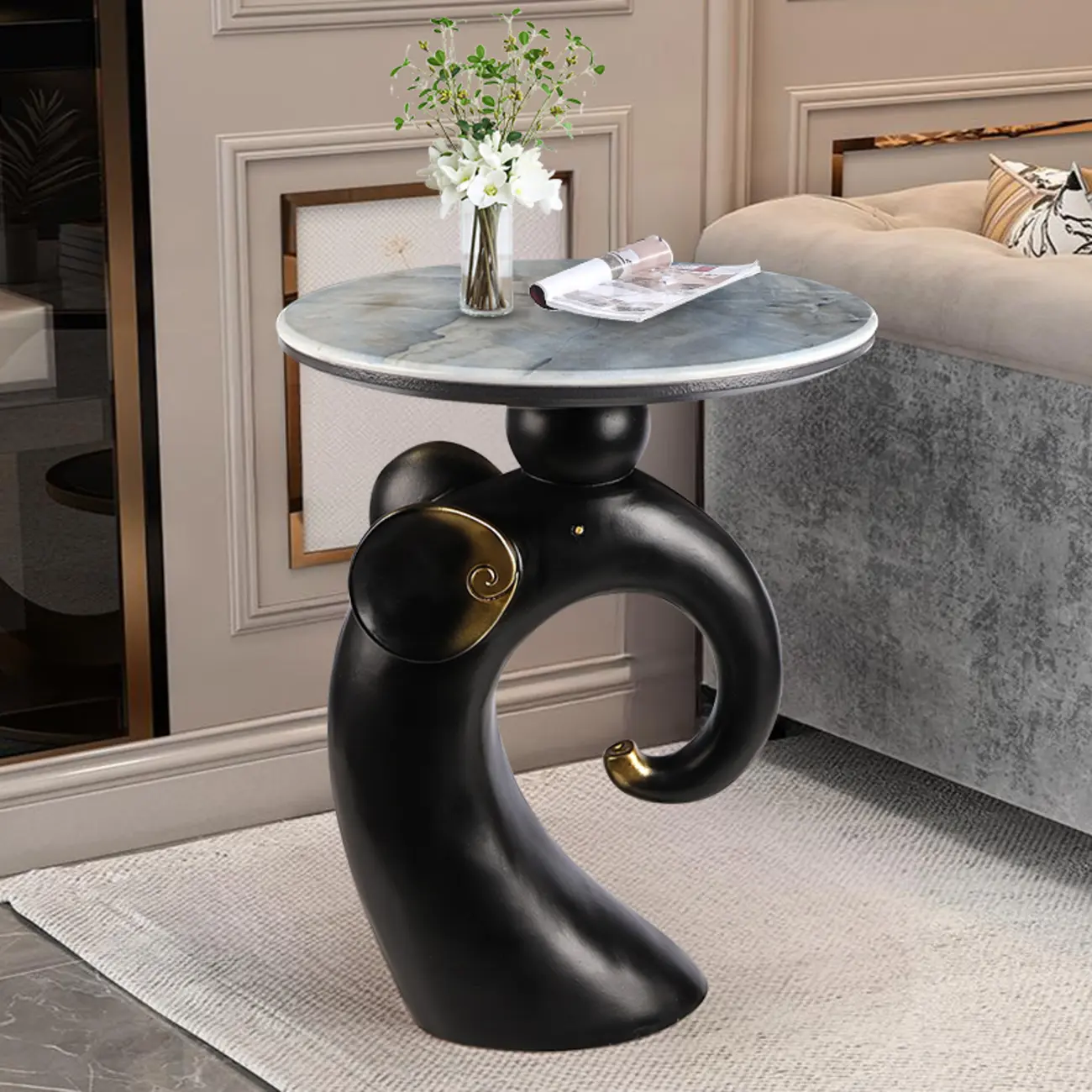 Black Elephant Side Table with Stone Top for Living Room Image - 7 | homeyfad