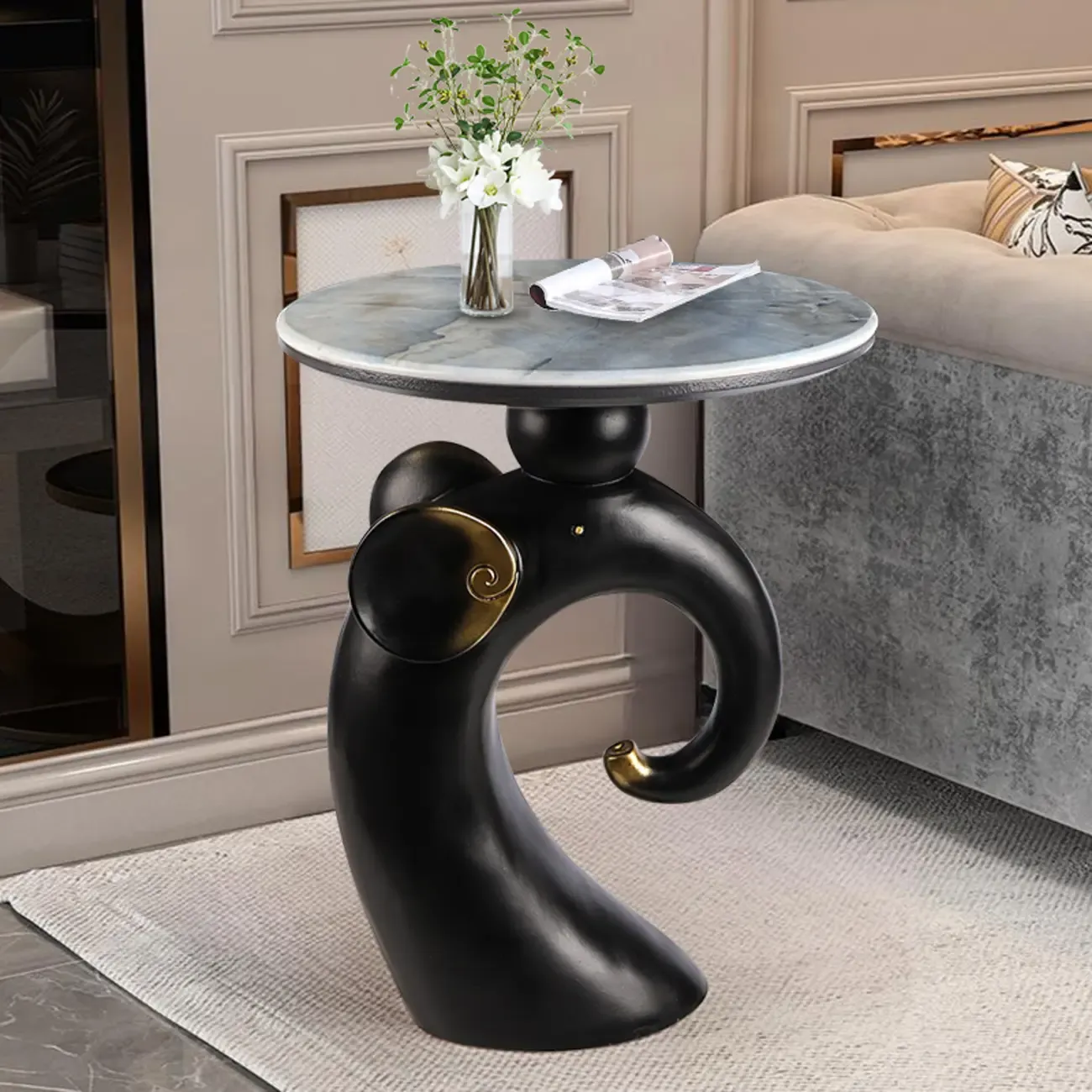 Black Elephant Side Table with Stone Top for Living Room Image - 7