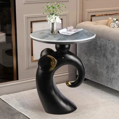 Black Elephant Side Table with Stone Top for Living Room Image - 7