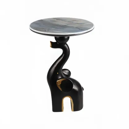 Black Elephant Side Table with Stone Top for Living Room Image - 8