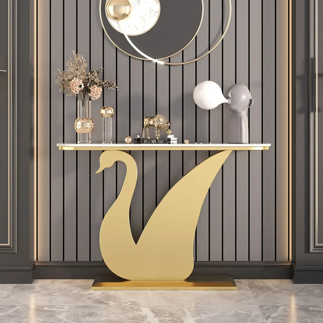 Glam Sintered Stone Top Console Table with Swan Base Image - 1