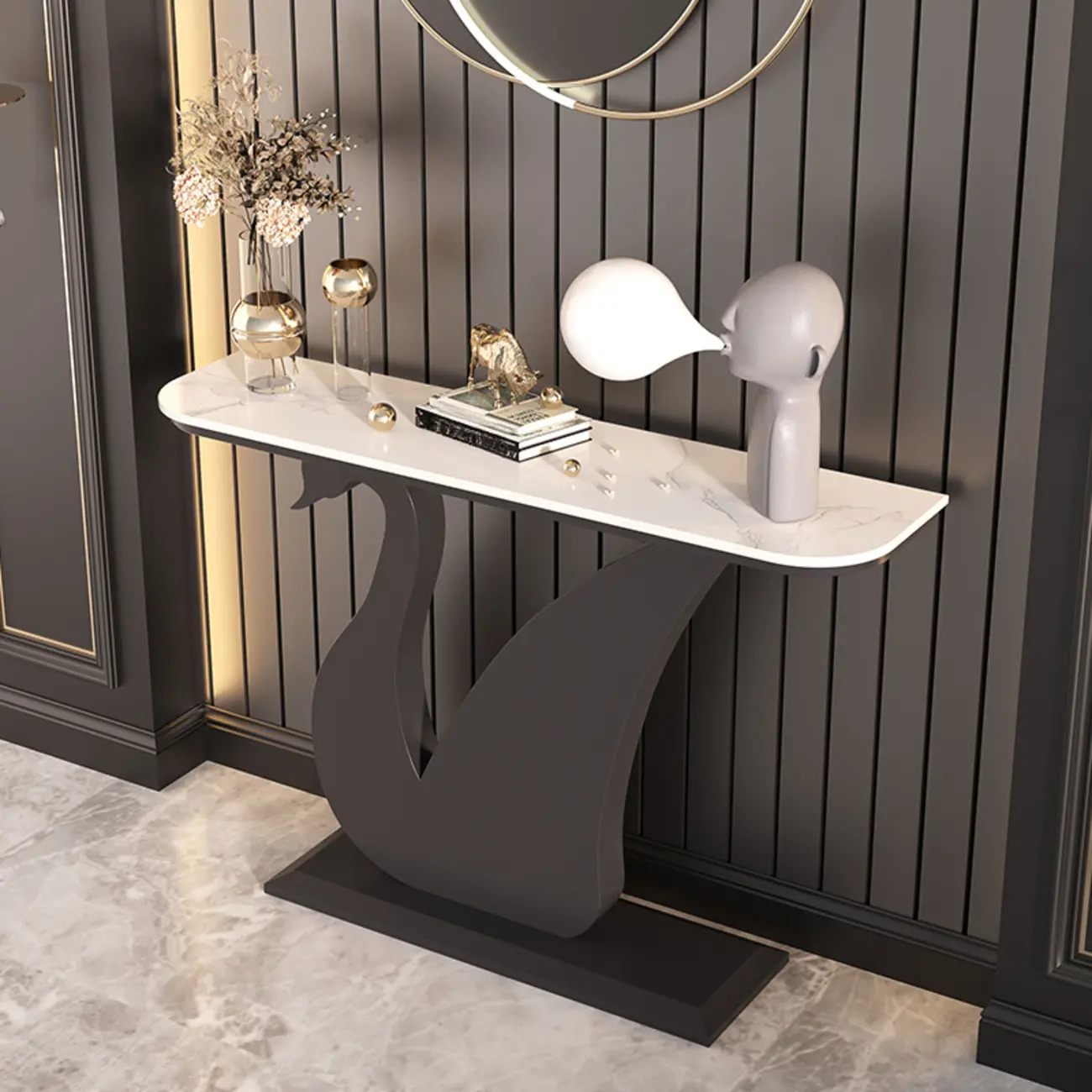 Glam Sintered Stone Top Console Table with Swan Base Image - 2 | homeyfad