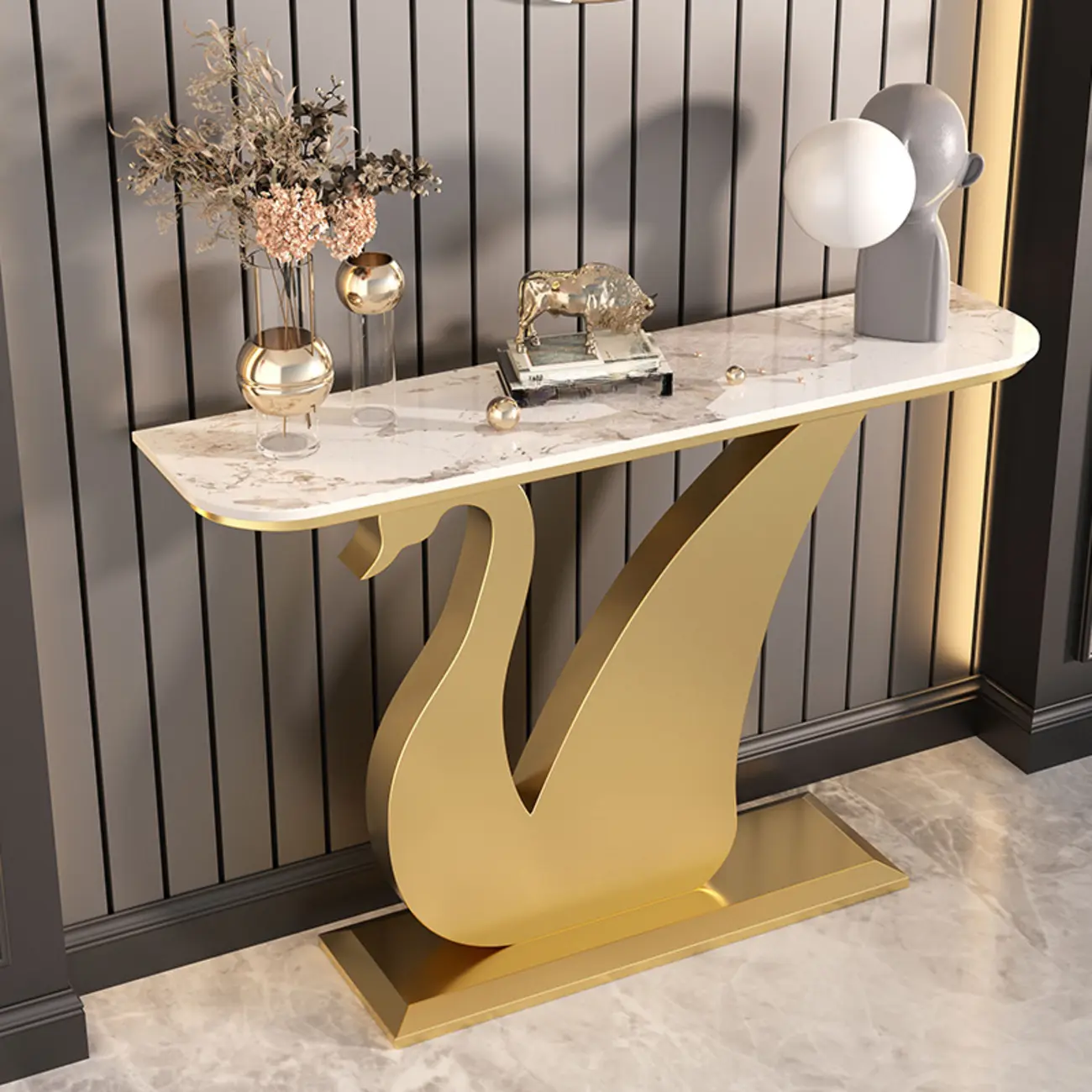 Glam Sintered Stone Top Console Table with Swan Base Image - 4 | homeyfad