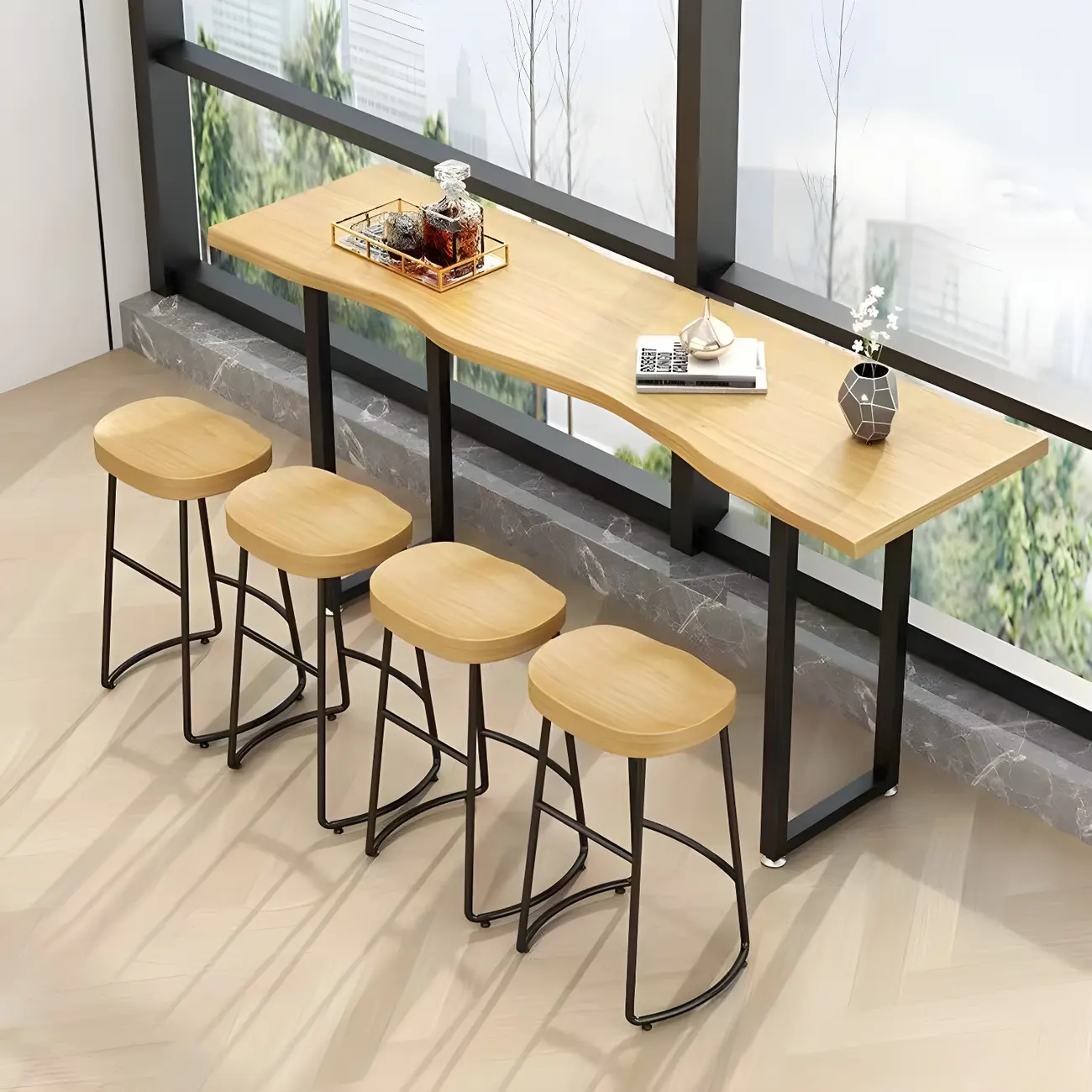 Natural Finish Bar Table Set with Backless Stools Image - 1 | homeyfad
