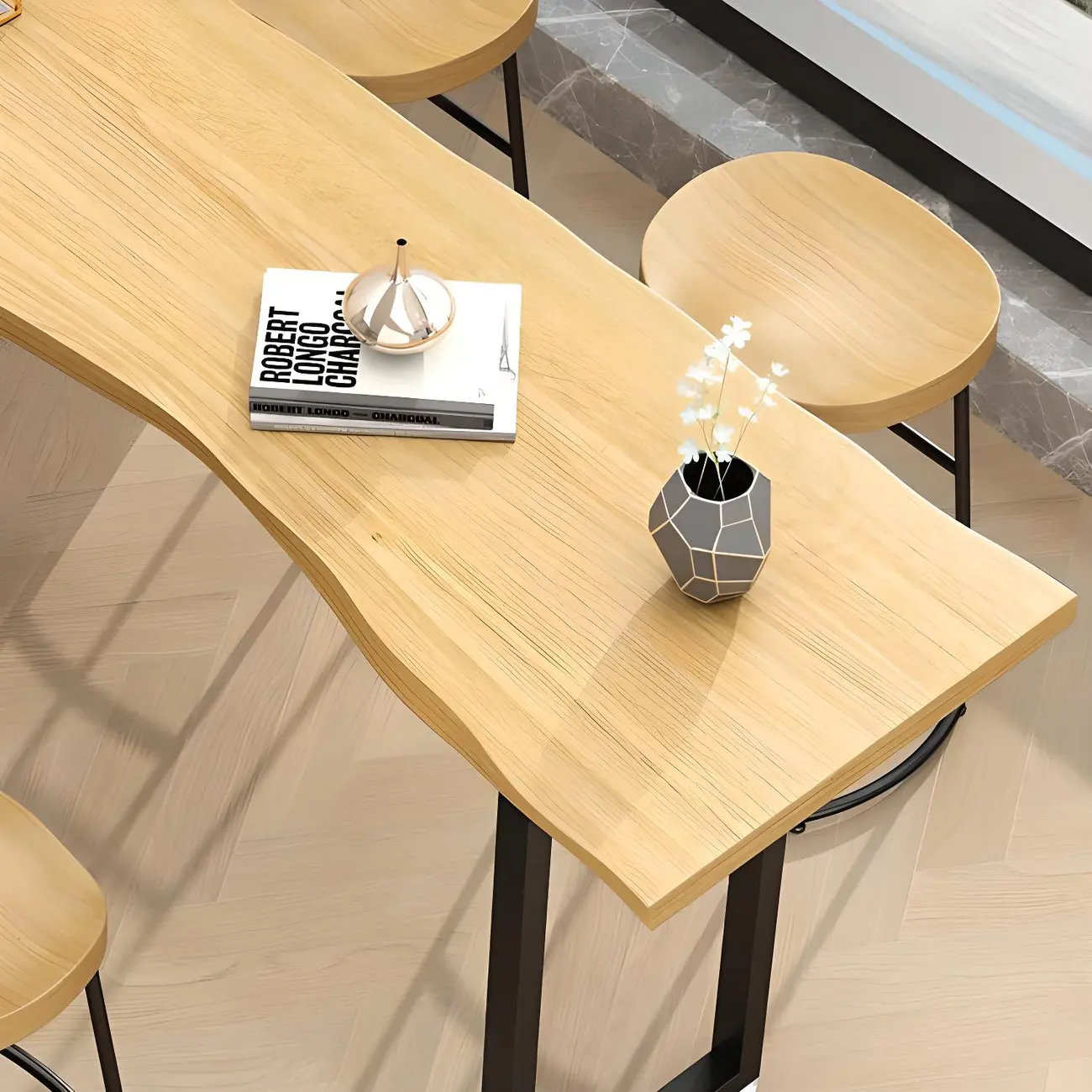 Natural Finish Bar Table Set with Backless Stools Image - 3 | homeyfad