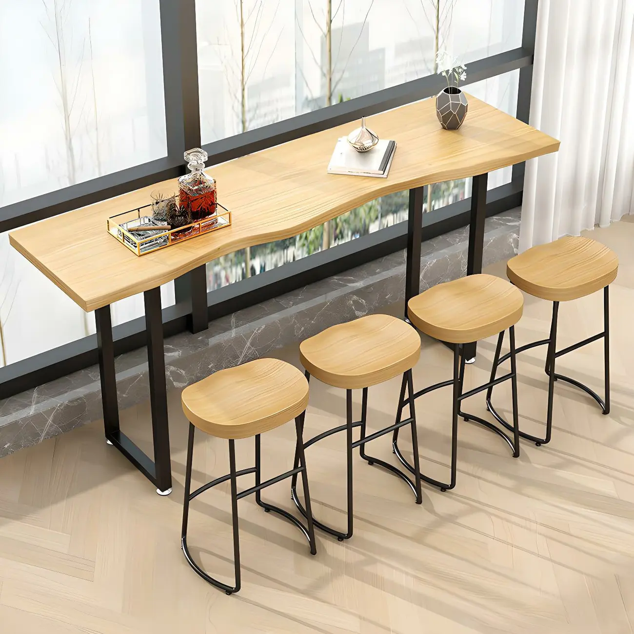 Natural Finish Bar Table Set with Backless Stools Image - 4 | homeyfad