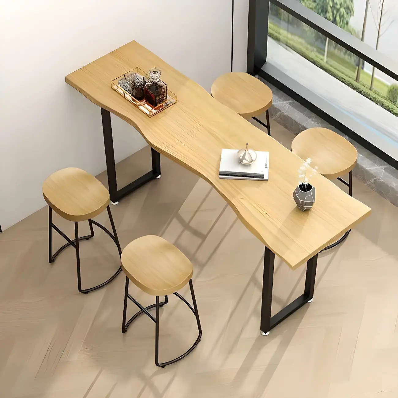 Natural Finish Bar Table Set with Backless Stools Image - 5 | homeyfad
