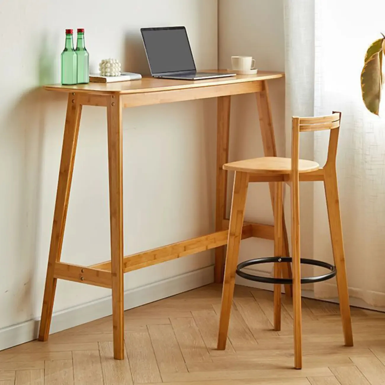 Modern Bamboo Bar Set with Footrest Stools Image - 1