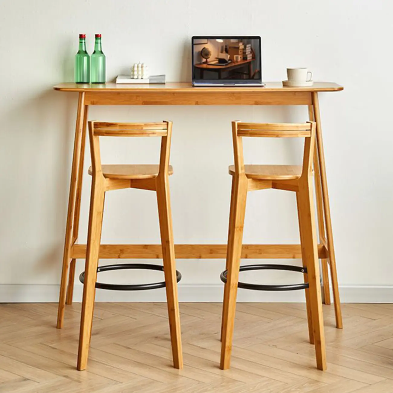 Modern Bamboo Bar Set with Footrest Stools Image - 2 | homeyfad