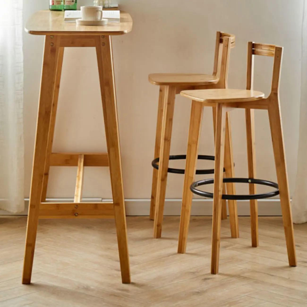 Modern Bamboo Bar Set with Footrest Stools Image - 4 | homeyfad