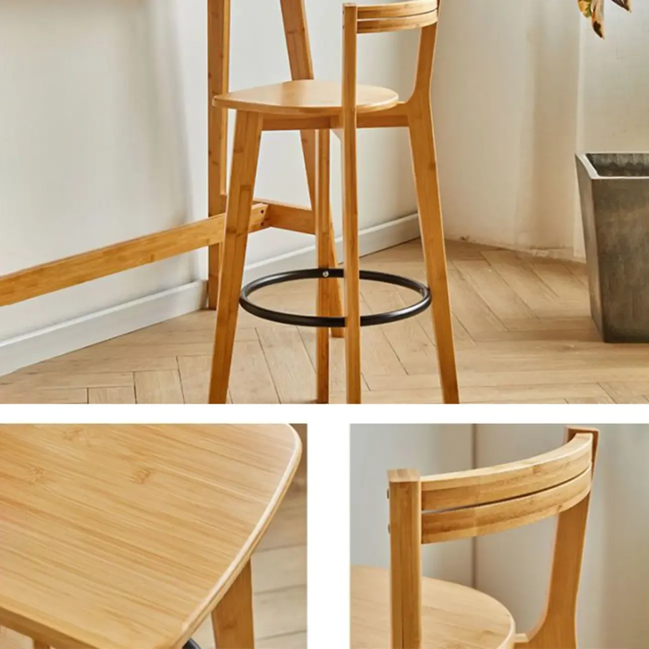 Modern Bamboo Bar Set with Footrest Stools Image - 12