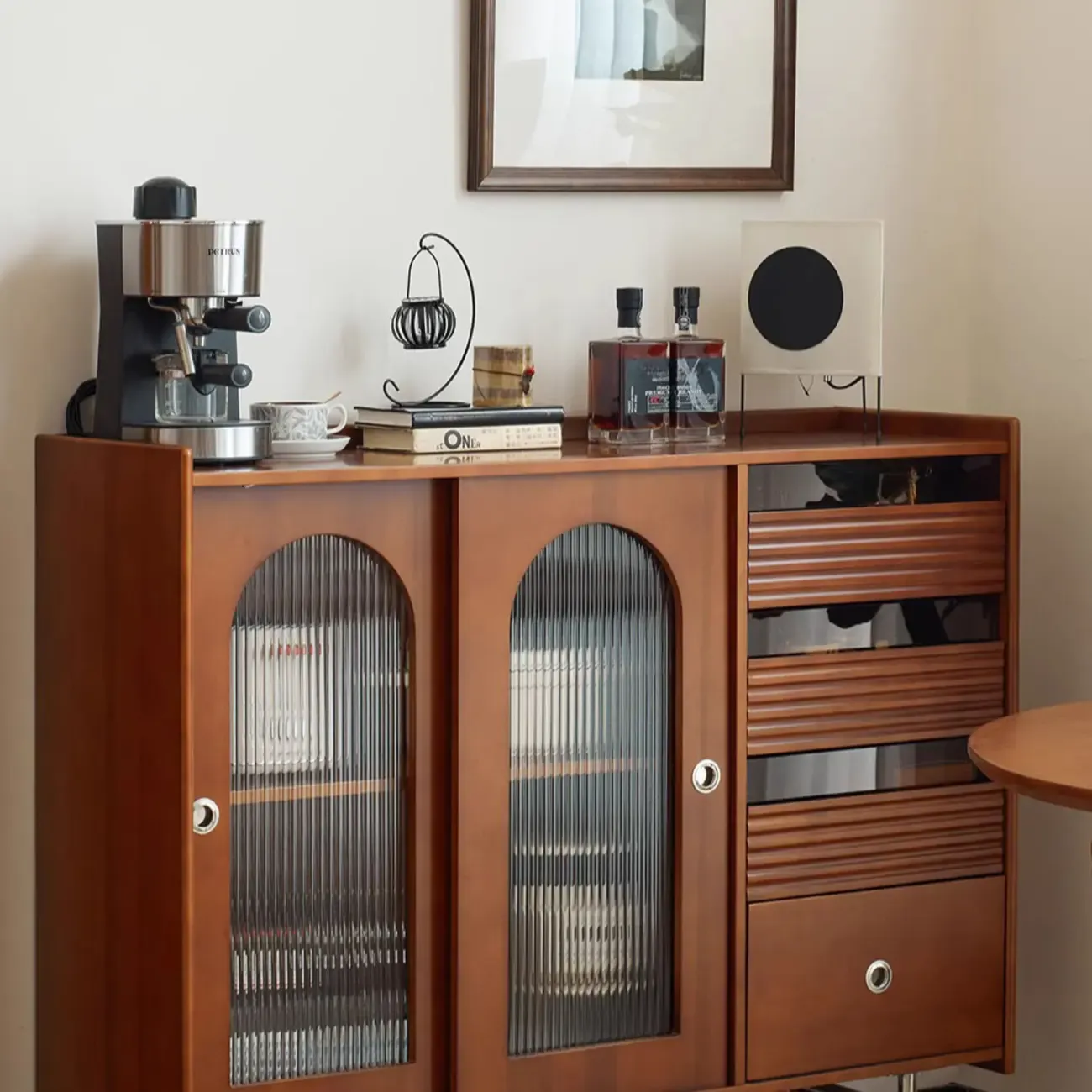 Scandinavian Brown Wooden Buffet Table with Storage Image - 9