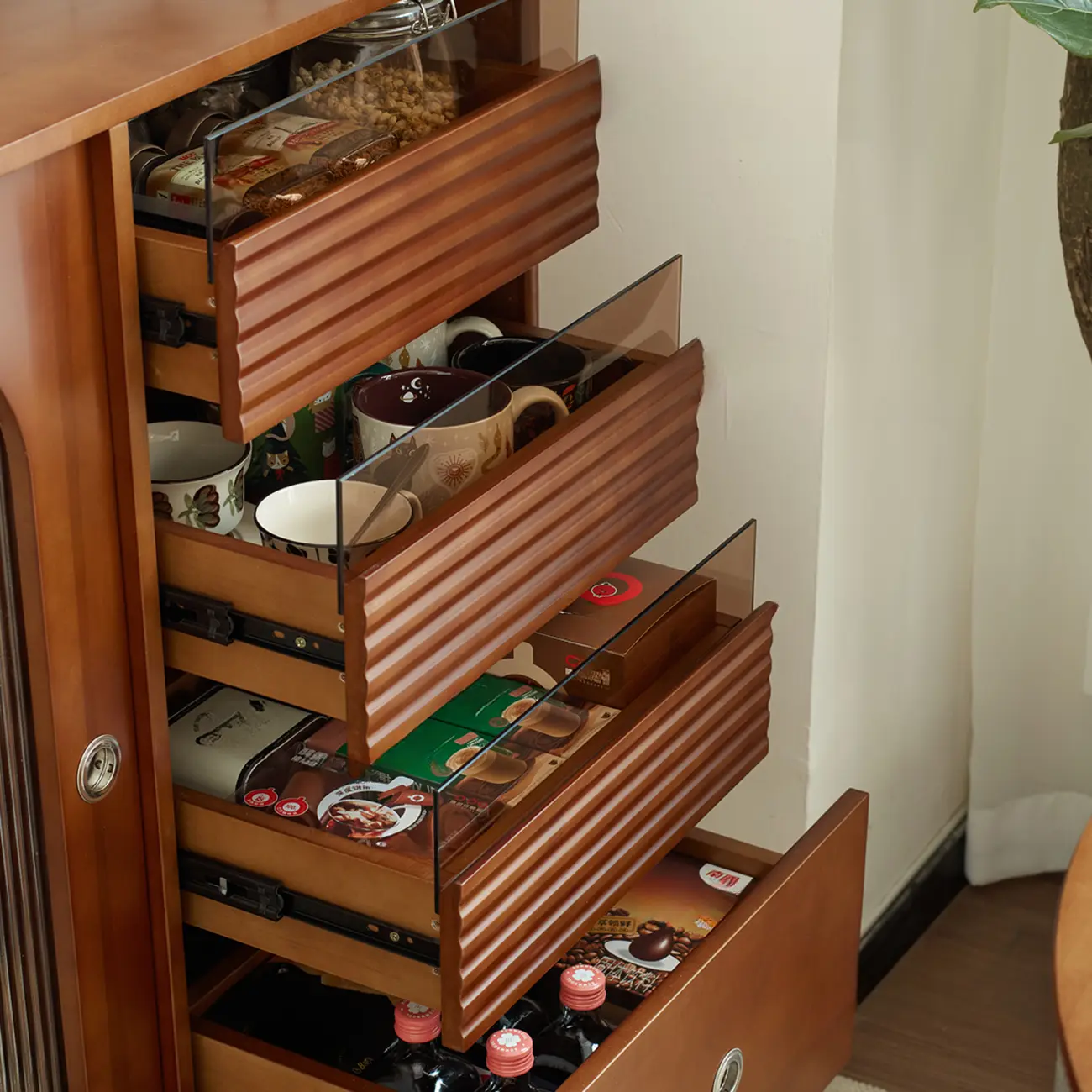 Scandinavian Brown Wooden Buffet Table with Storage Image - 12 | homeyfad