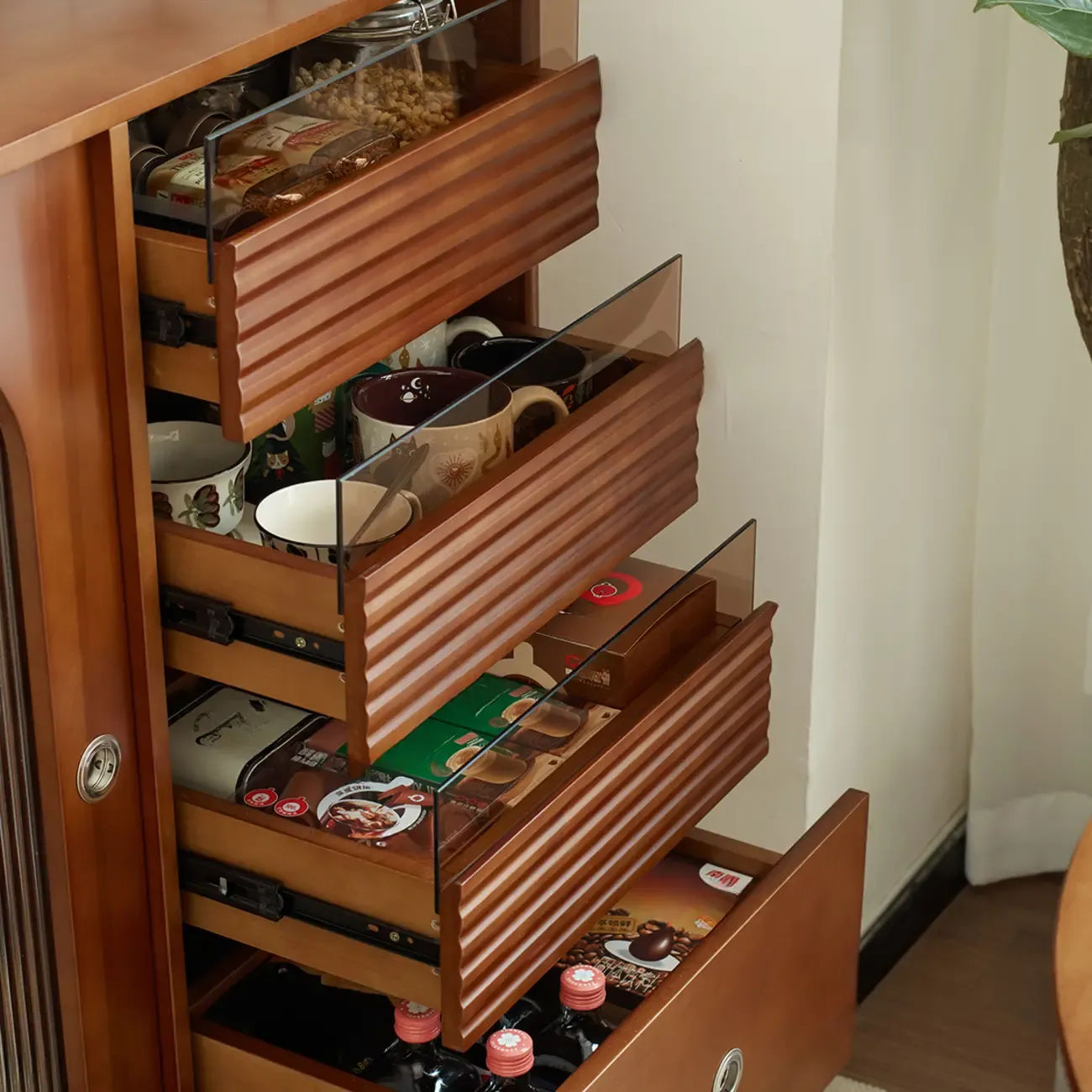 Scandinavian Brown Wooden Buffet Table with Storage Image - 12