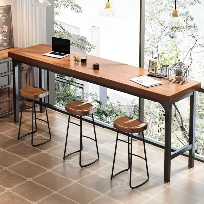 Modern Faux Wood Bar Table Set with Backless Stools Image - 1