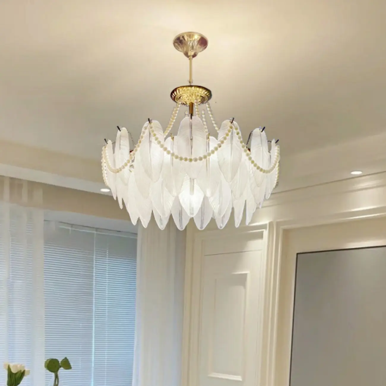 Vintage Crystal Chandelier with Glass Feather Lampshade Image - 1 | homeyfad