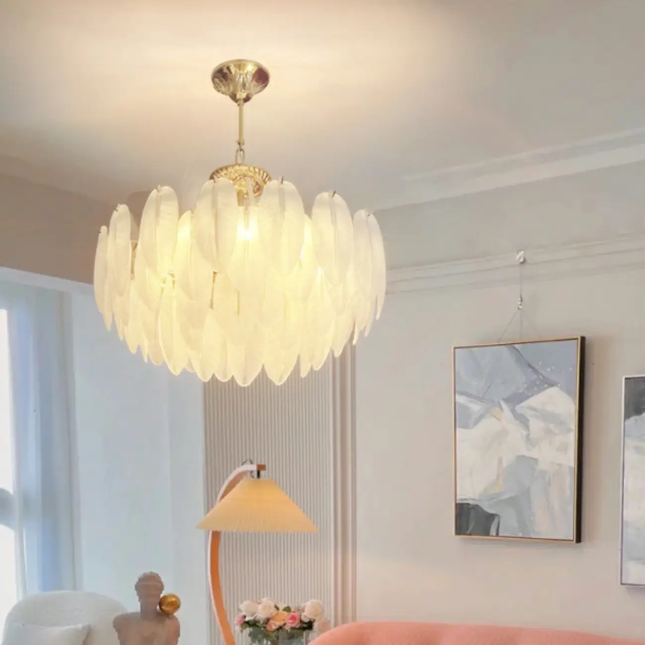 Vintage Crystal Chandelier with Glass Feather Lampshade Image - 2 | homeyfad