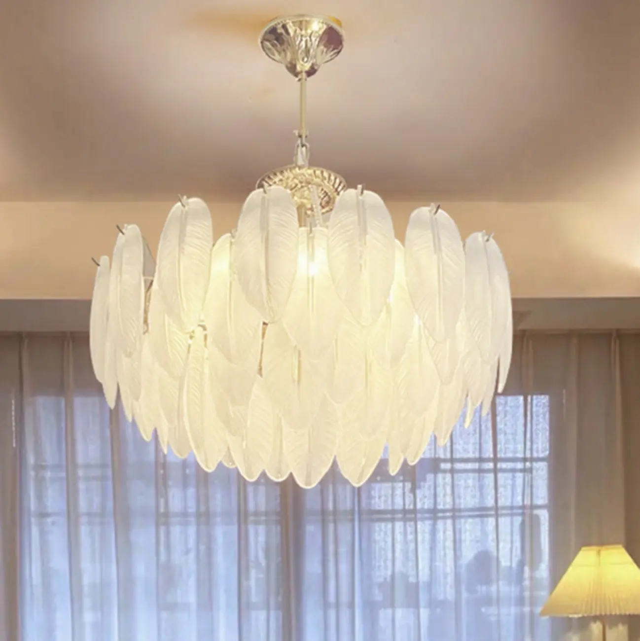 Vintage Crystal Chandelier with Glass Feather Lampshade Image - 3 | homeyfad