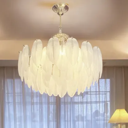 Vintage Crystal Chandelier with Glass Feather Lampshade Image - 3