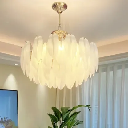 Vintage Crystal Chandelier with Glass Feather Lampshade Image - 4