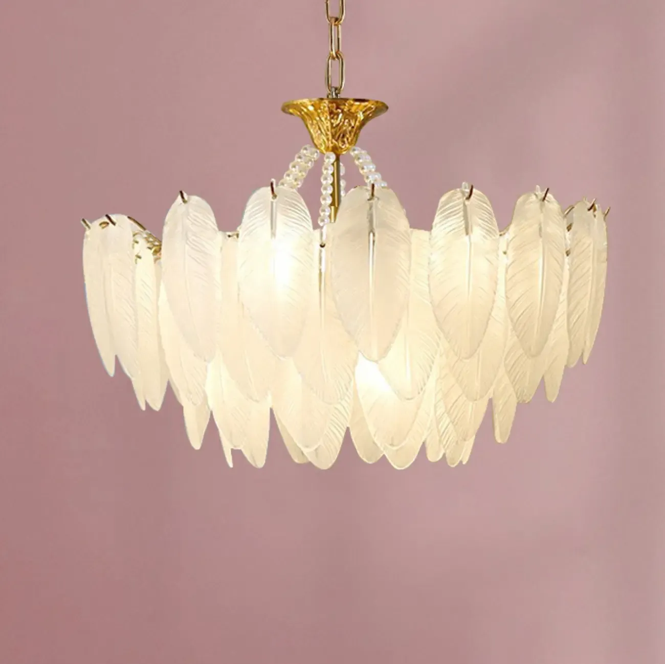 Vintage Crystal Chandelier with Glass Feather Lampshade Image - 7