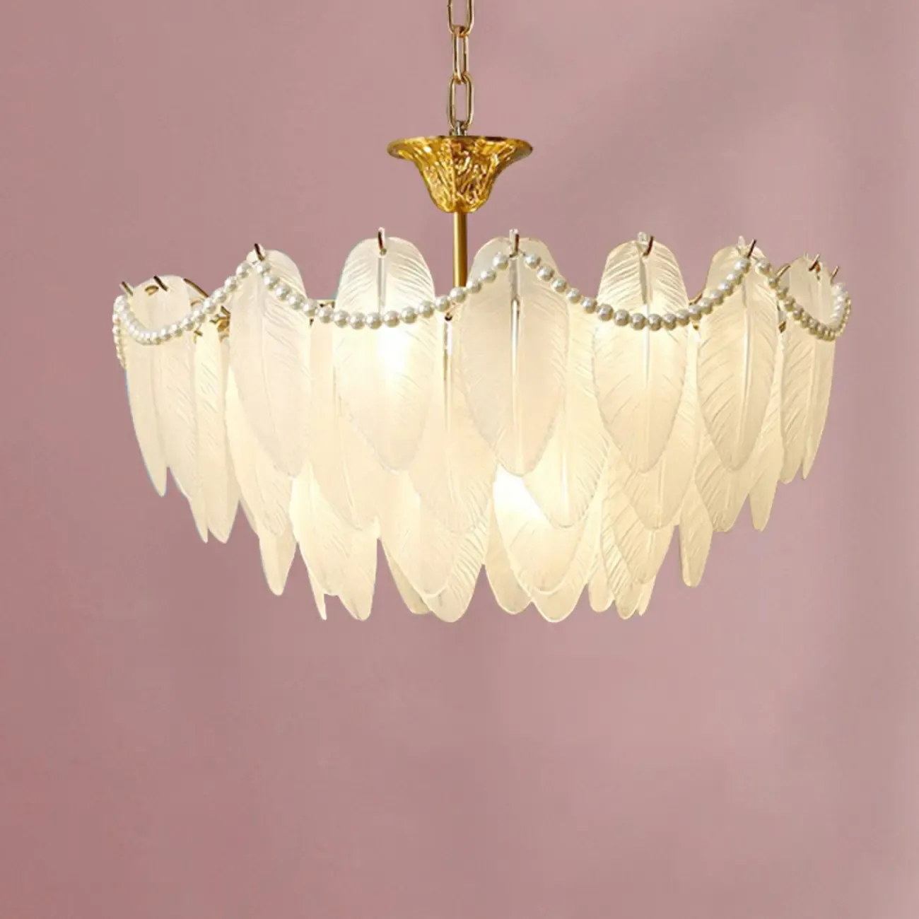 Vintage Crystal Chandelier with Glass Feather Lampshade Image - 8