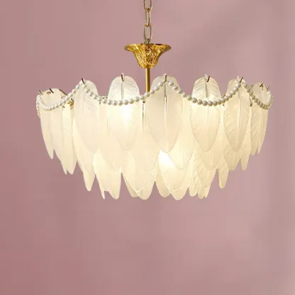 Vintage Crystal Chandelier with Glass Feather Lampshade Image - 8