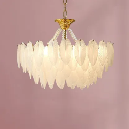 Vintage Crystal Chandelier with Glass Feather Lampshade Image - 9