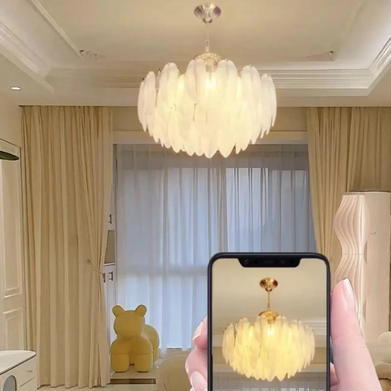 Vintage Crystal Chandelier with Glass Feather Lampshade Image - 12