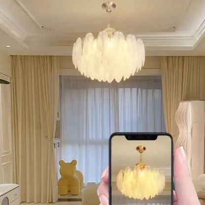 Vintage Crystal Chandelier with Glass Feather Lampshade Image - 12