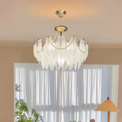 Vintage Crystal Chandelier with Glass Feather Lampshade Image - 13