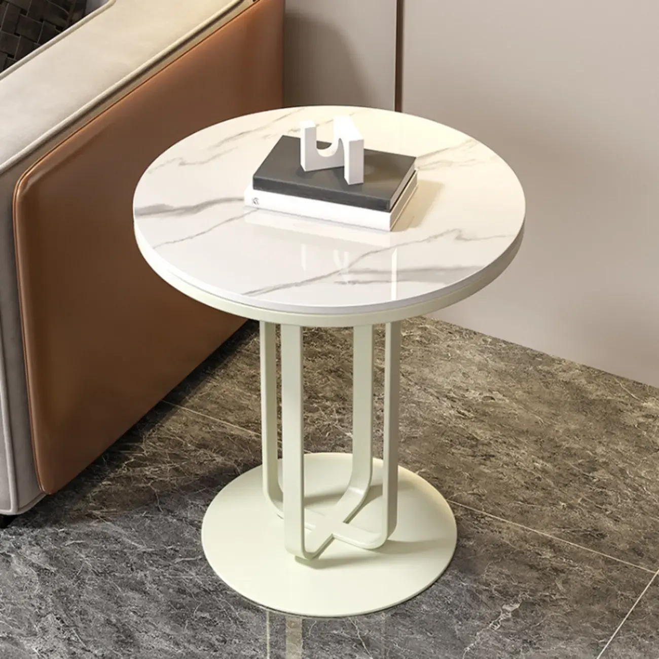 Modern Round White Marble Side Table for Living Room Image - 2