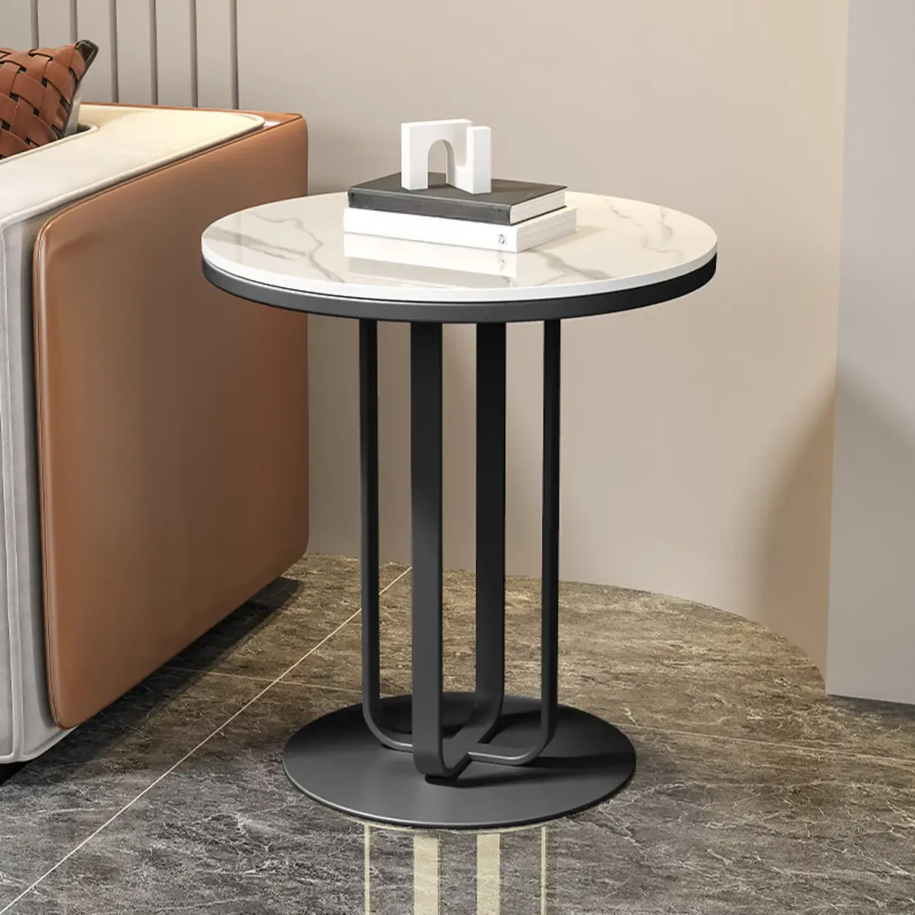 Modern Round White Marble Side Table for Living Room Image - 3