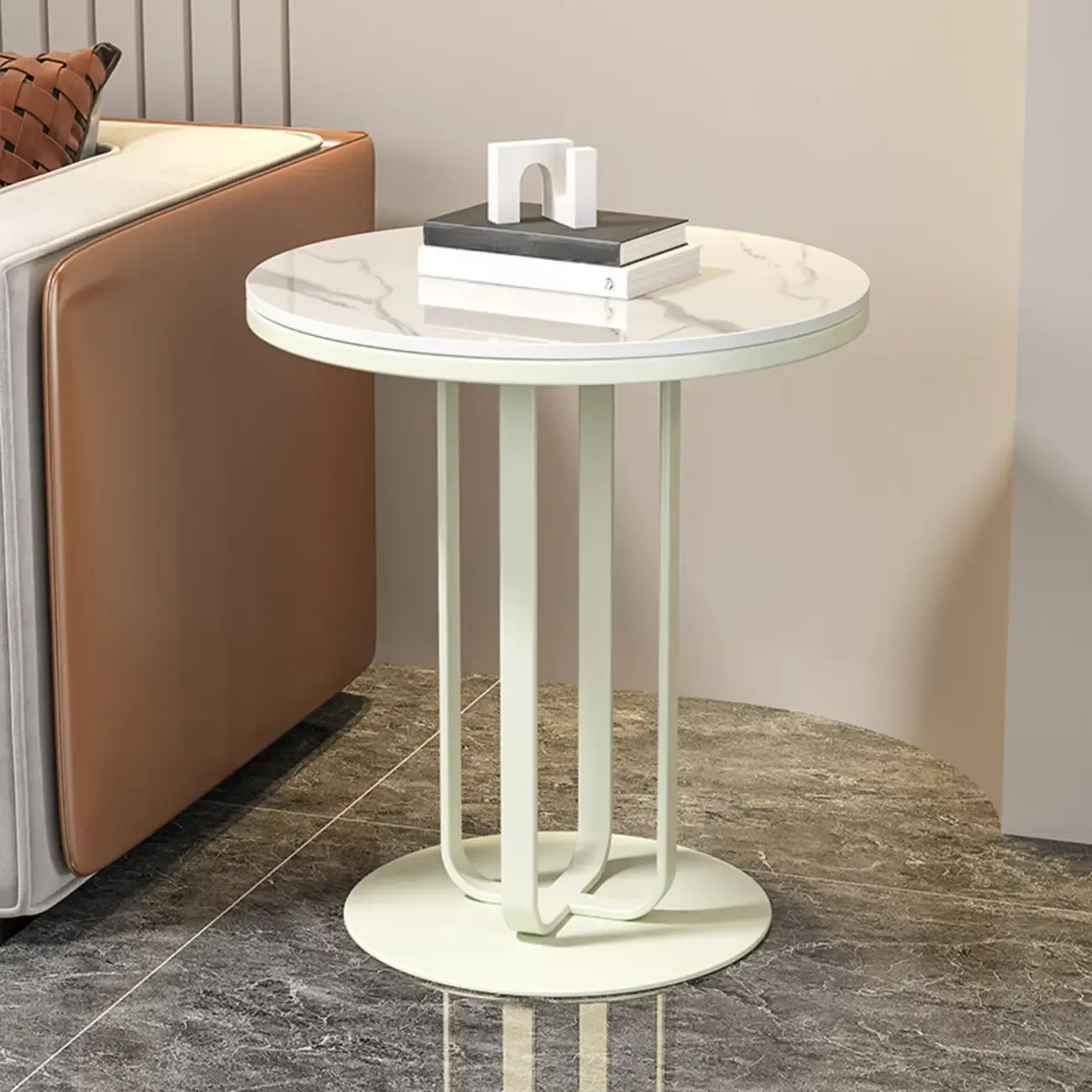 Modern Round White Marble Side Table for Living Room Image - 4