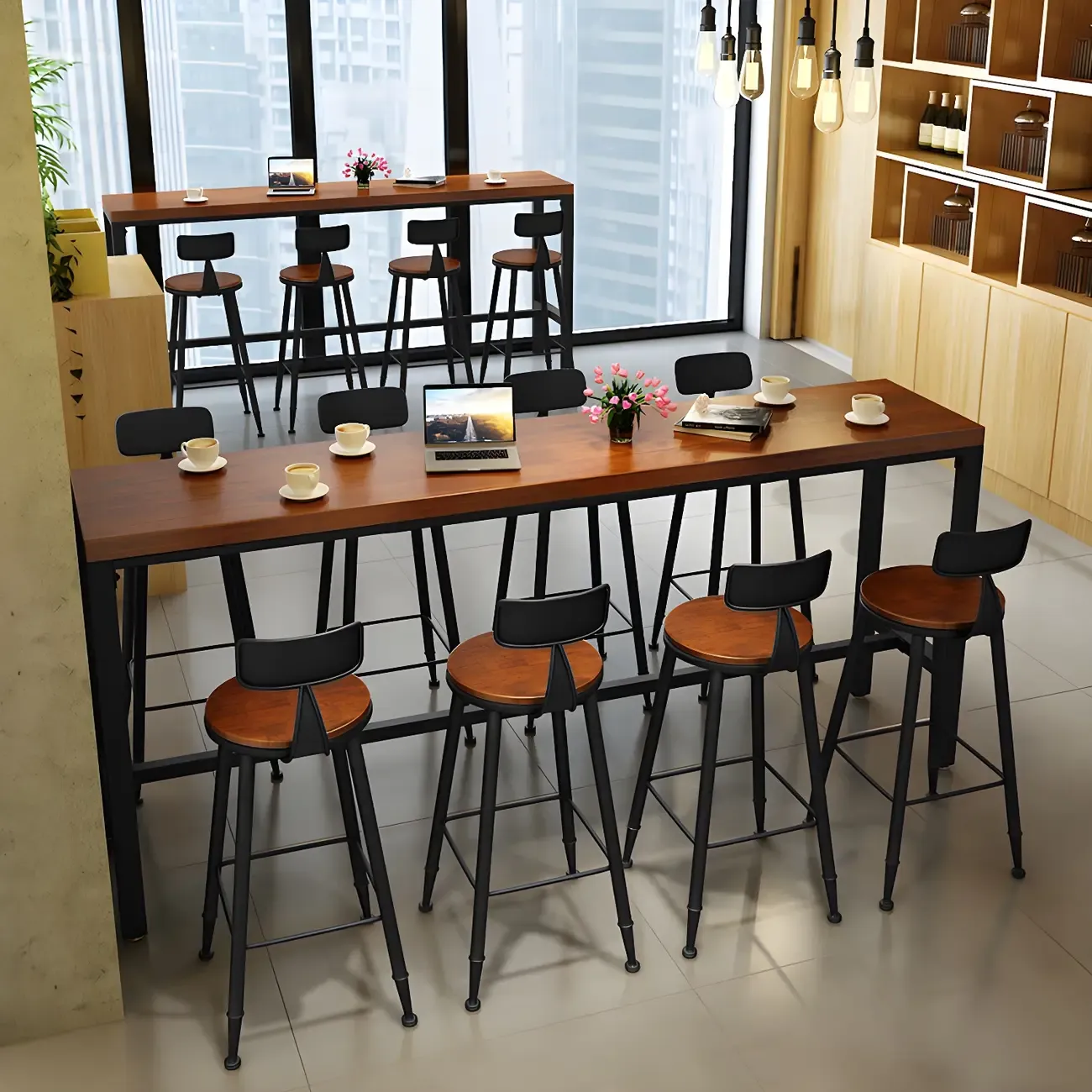 Industrial Brown Solid Wood Bar Set with Bar Stools Image - 4