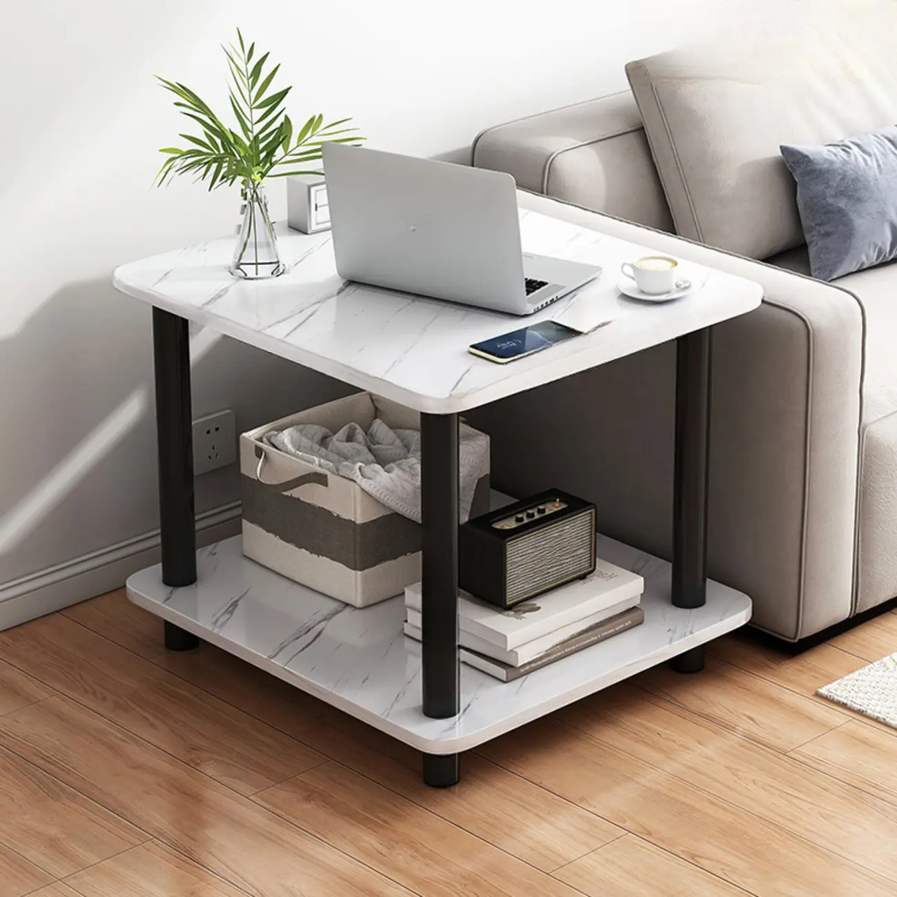  Square White Wood Side Table with Shelf for Living Room Image - 1 | homeyfad