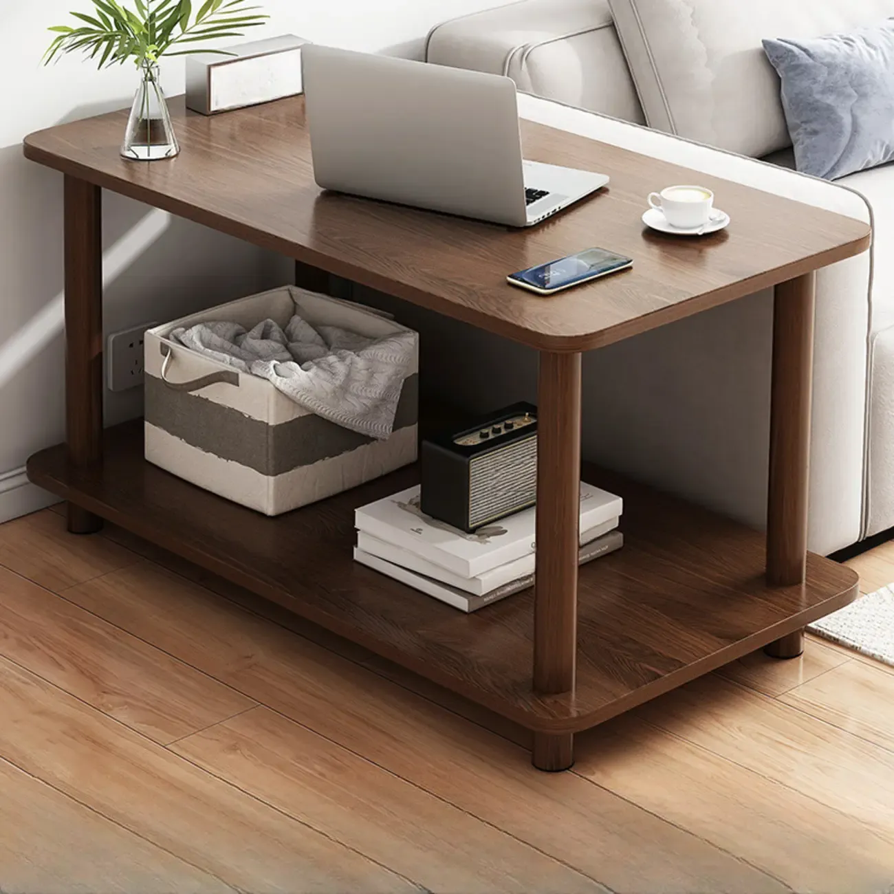  Square White Wood Side Table with Shelf for Living Room Image - 2