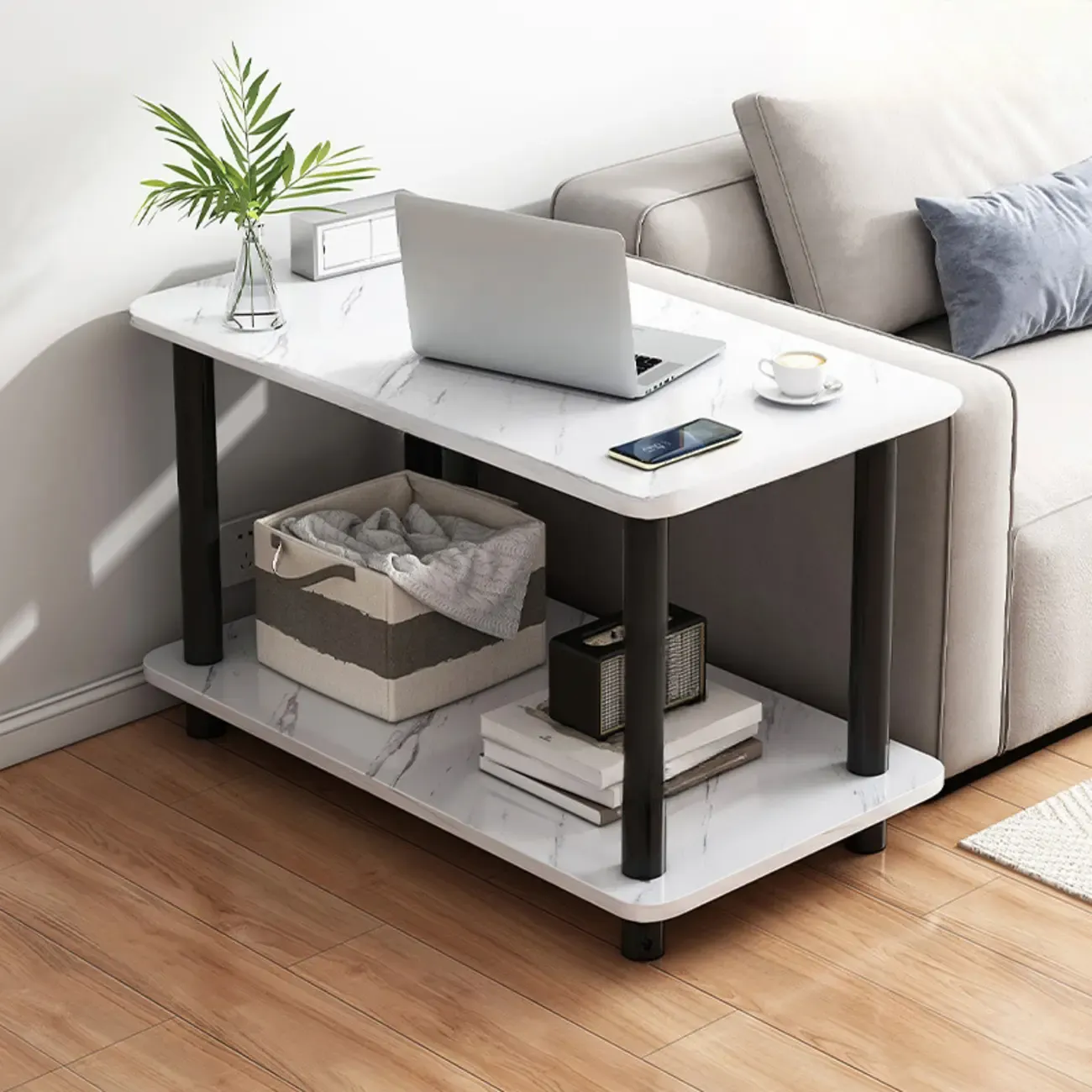  Square White Wood Side Table with Shelf for Living Room Image - 3