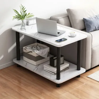  Square White Wood Side Table with Shelf for Living Room Image - 3