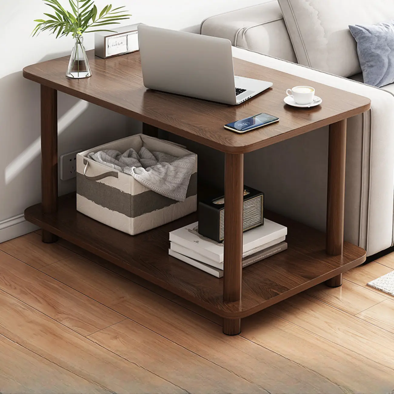  Square White Wood Side Table with Shelf for Living Room Image - 4 | homeyfad