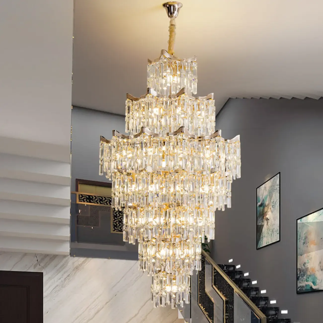 Modern Luxury Crystal Cascade Chandelier for High Ceilings Image - 6