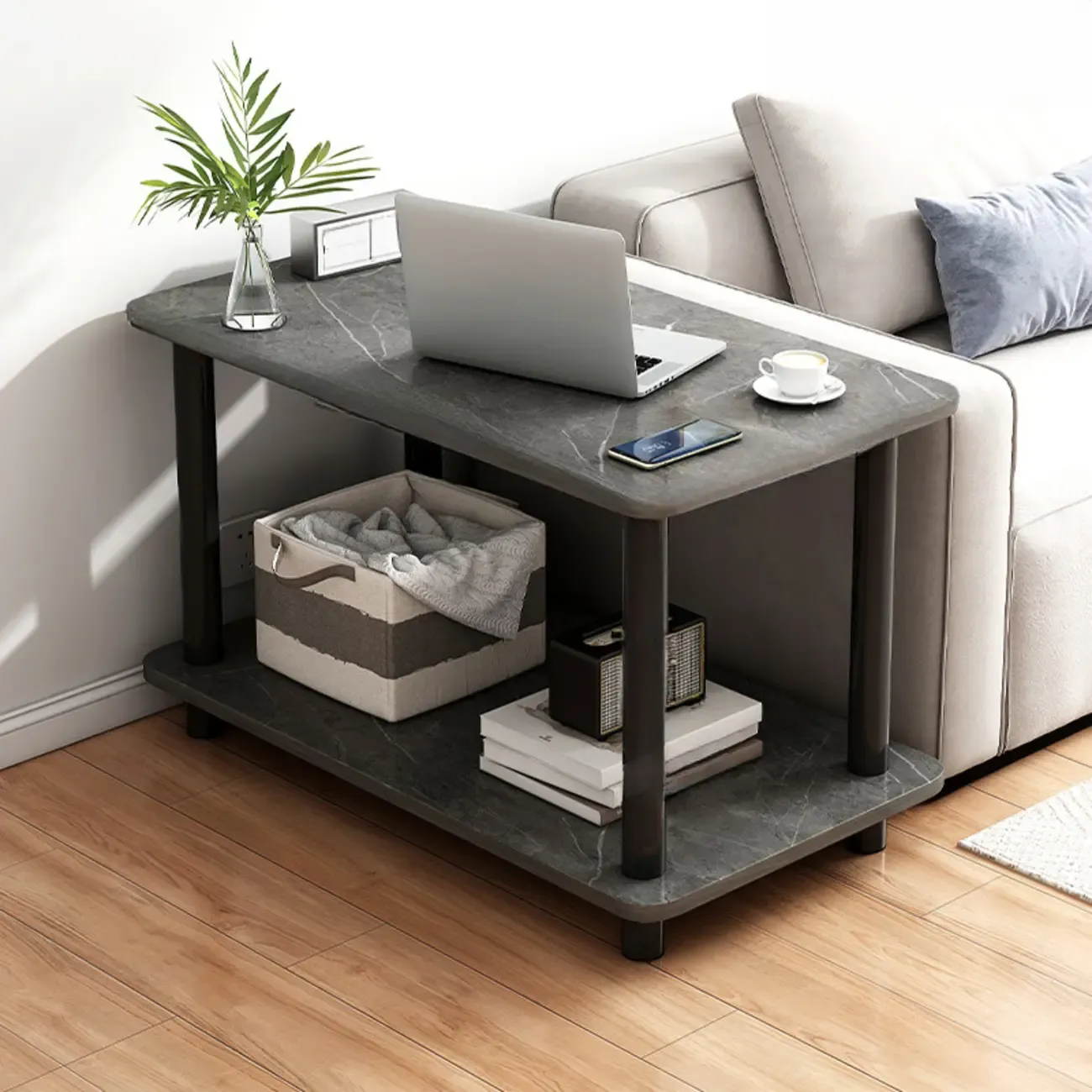  Square White Wood Side Table with Shelf for Living Room Image - 11