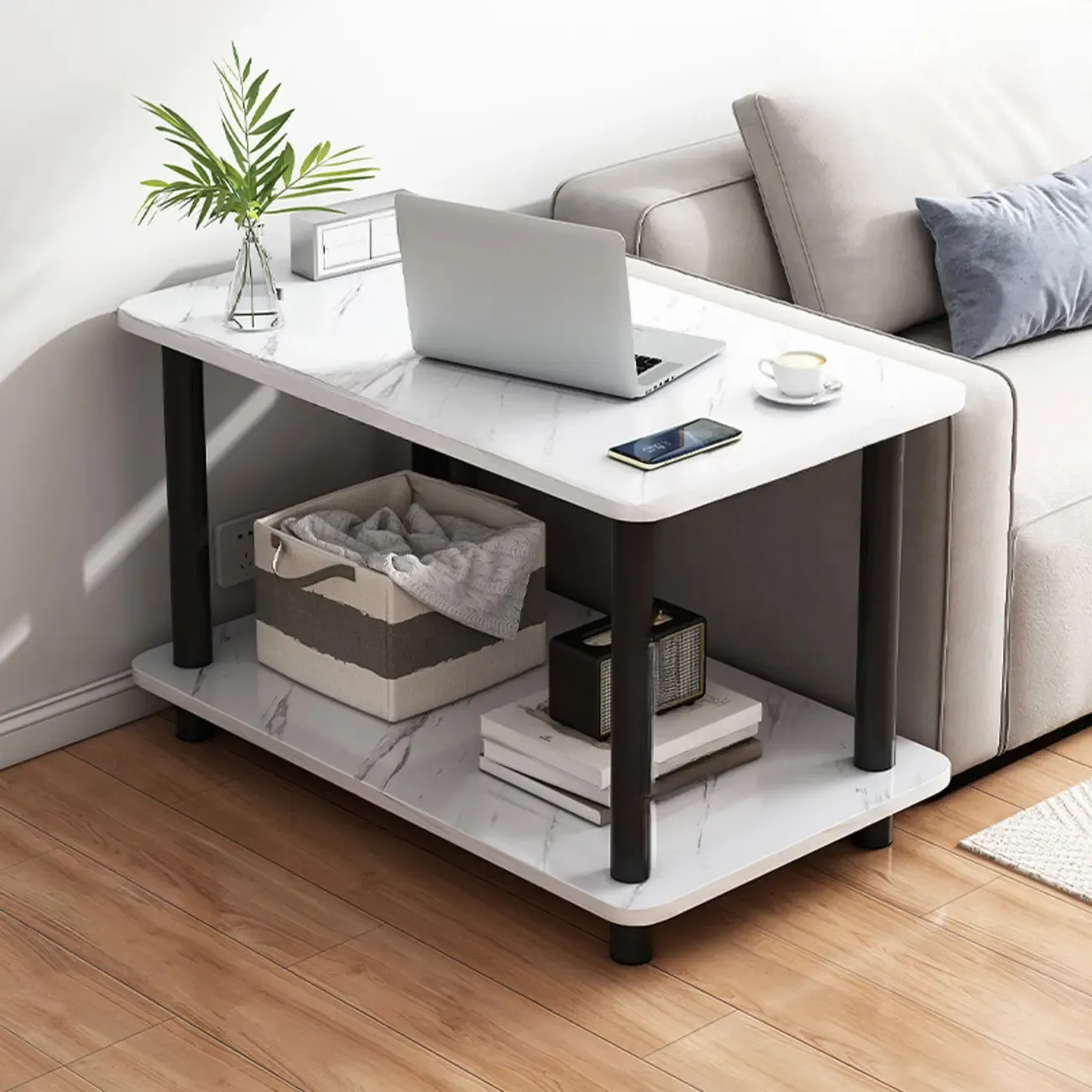 Square White Wood Side Table with Shelf for Living Room Image - 12