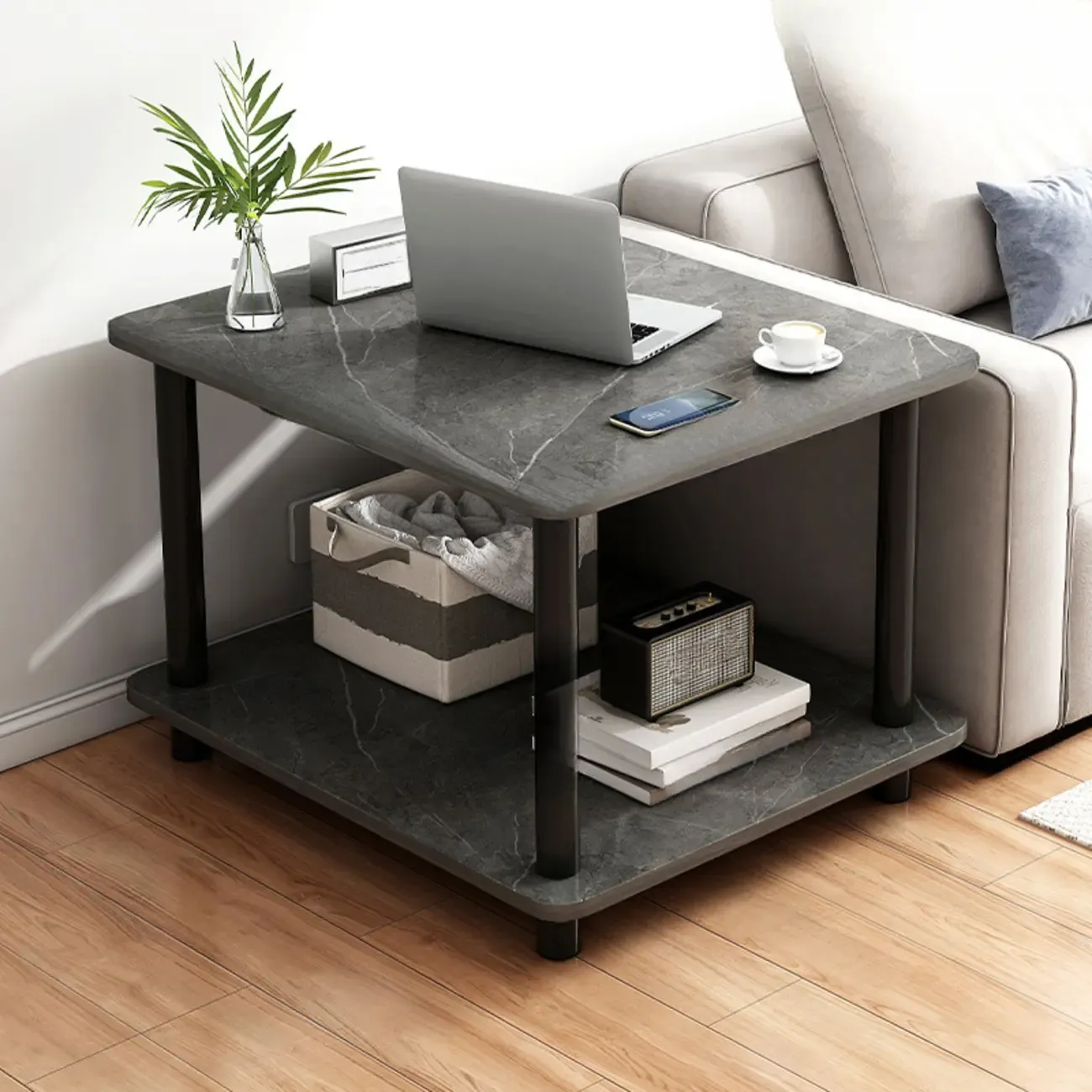  Square White Wood Side Table with Shelf for Living Room Image - 13