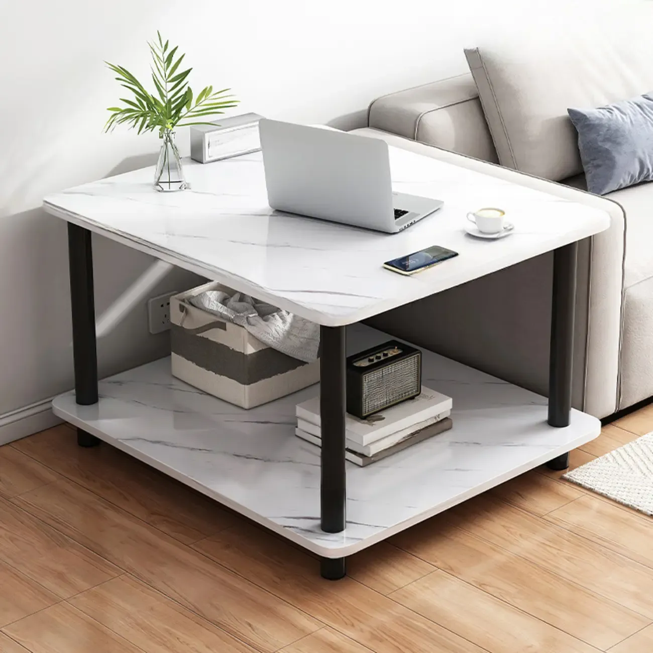  Square White Wood Side Table with Shelf for Living Room Image - 15