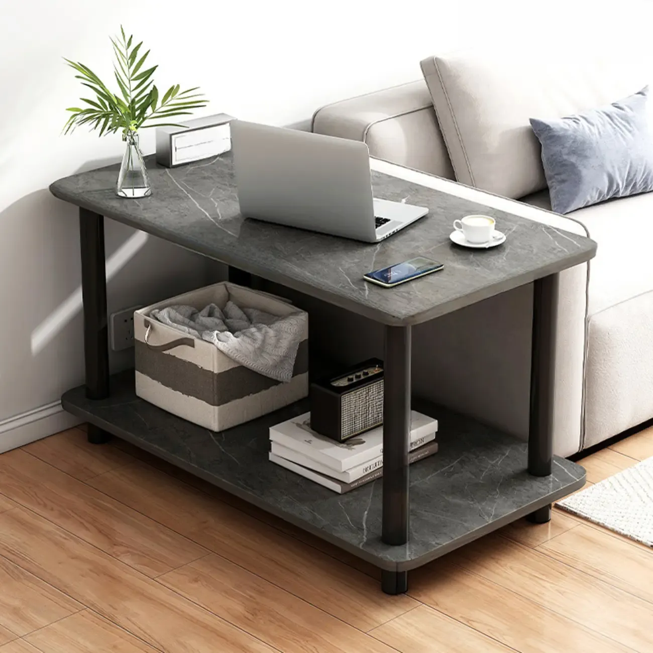  Square White Wood Side Table with Shelf for Living Room Image - 16