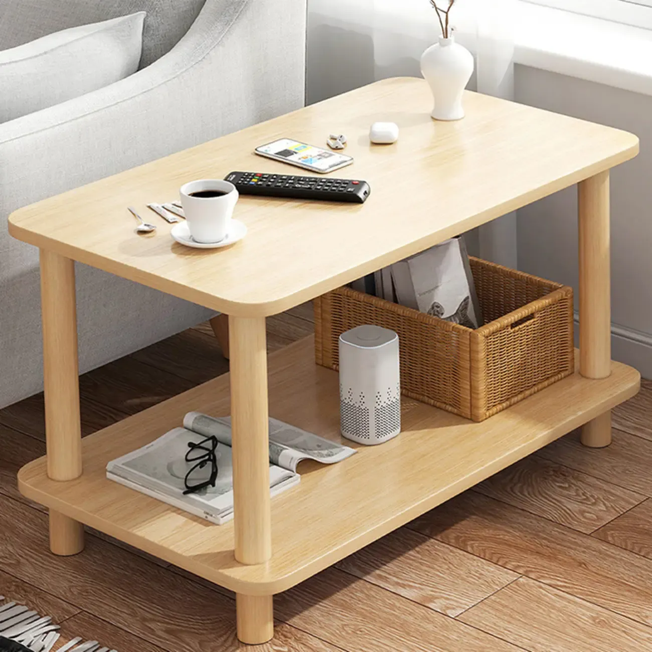  Square White Wood Side Table with Shelf for Living Room Image - 19