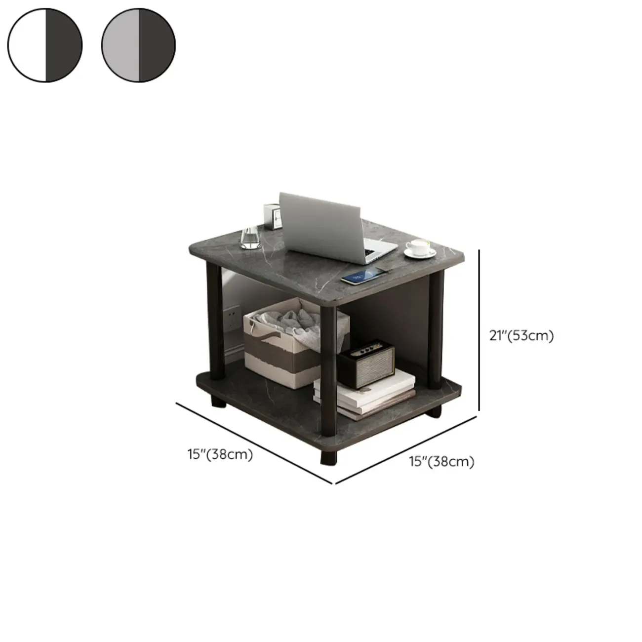  Square White Wood Side Table with Shelf for Living Room #size